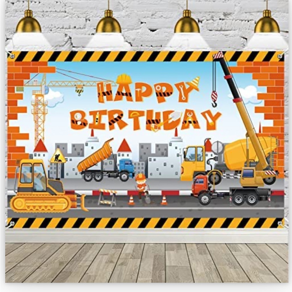 Construction Happy Birthday Banner / Backdrop Dump Truck Excavator Crane Digger